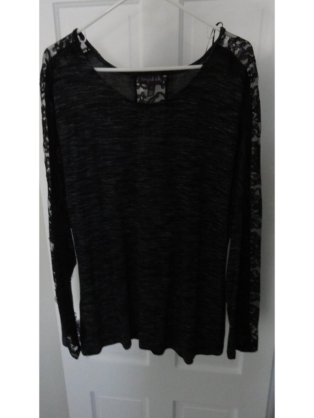 Long Tall Sally Oversized Black/Grey Heather Lace Long-Sleeve Blouse Top
